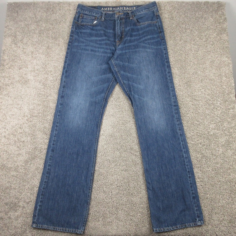 American Eagle Jeans Mens 34x36 Blue Bootcut Fade Whisker Cotton Denim Pants Zip